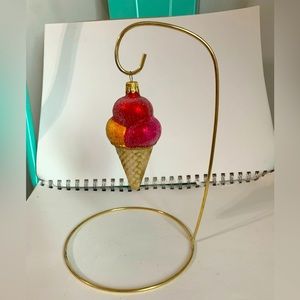 Triple Scoop Ice Cream Cone Blown Glass Christmas Ornament